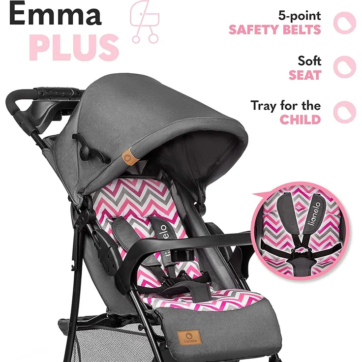 LIONELO Emma Plus Kinderwagen bis zu 15 kg, Kindersportwagen, leicht modern klein Buggy mit Liegeposition, zusammenklappbar, große Räder, großer Korb, Tasche – Bild 4