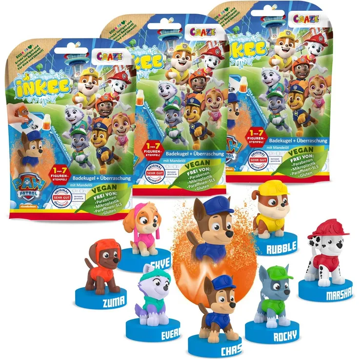 Craze INKEE - Surprise Paw Patrol Badebomben Kinder mit Überraschung Überraschungs-Badekugel mit Stempel 3er-Multipack - Badezusatz Kinder 46234