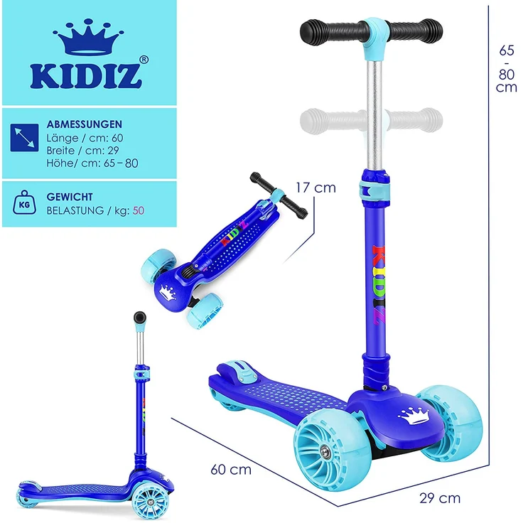 KIDIZ® Roller Kinder Scooter X-Pro2 Dreiradscooter mit PU LED Leuchtenden Räder Kinderroller faltbar Tret-Roller höhenverstellbarer Cityroller Kinderscooter für Jungen Mädchen 3-12 Jahre Blau – Bild 6