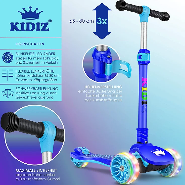 KIDIZ® Roller Kinder Scooter X-Pro2 Dreiradscooter mit PU LED Leuchtenden Räder Kinderroller faltbar Tret-Roller höhenverstellbarer Cityroller Kinderscooter für Jungen Mädchen 3-12 Jahre Blau – Bild 2