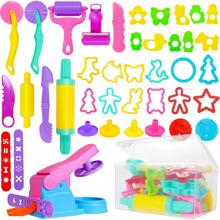 Jiosdo Knetwerkzeug, 40 Stück Knete Zubehör Kinder Plastilin Werkzeuge, Knete Ausstechformen Extruder Modellierwerkzeug Küchenspielzeug Lernspielzeug für Jungen Mädchen (mit Aufbewahrungsbox)