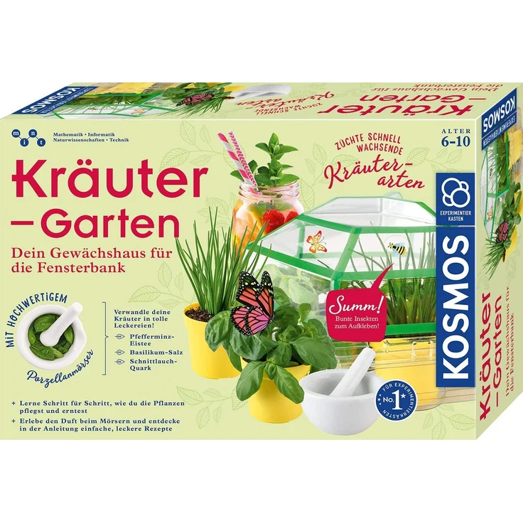 KOSMOS 632090 - Kräuter-Garten, Züchte duftende Kräuter auf der Fensterbank, Mit Gewächshaus und Mörser aus Porzellan, Experimentierkasten für Kinder ab 6 Jahre – Bild 1