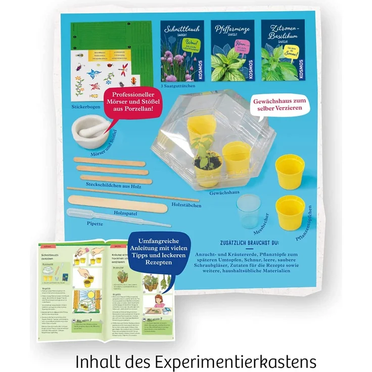 KOSMOS 632090 - Kräuter-Garten, Züchte duftende Kräuter auf der Fensterbank, Mit Gewächshaus und Mörser aus Porzellan, Experimentierkasten für Kinder ab 6 Jahre – Bild 2