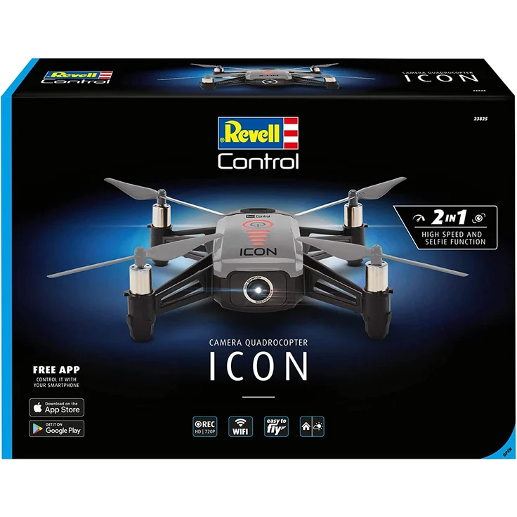 Revell Control 23825 RC Kamera-Quadcopter ICON, 720p, 2.4 GHz Fernsteuerung, auch über Smartphone-App steuerbar, Gesichtserkennung Ferngesteuerter Quadrokopter, grau/schwarz – Bild 2