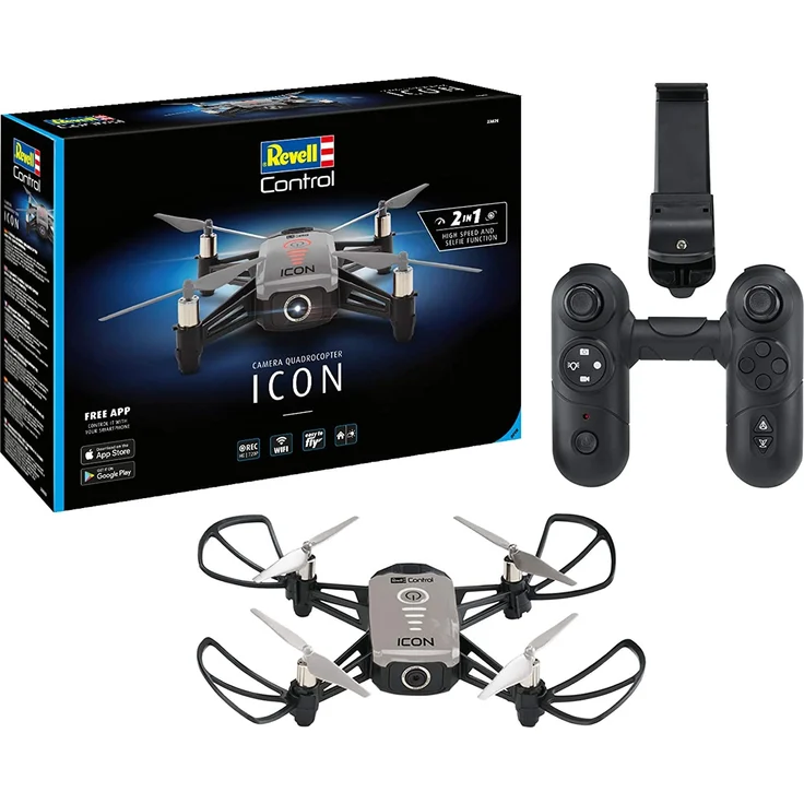Revell Control 23825 RC Kamera-Quadcopter ICON, 720p, 2.4 GHz Fernsteuerung, auch über Smartphone-App steuerbar, Gesichtserkennung Ferngesteuerter Quadrokopter, grau/schwarz – Bild 1