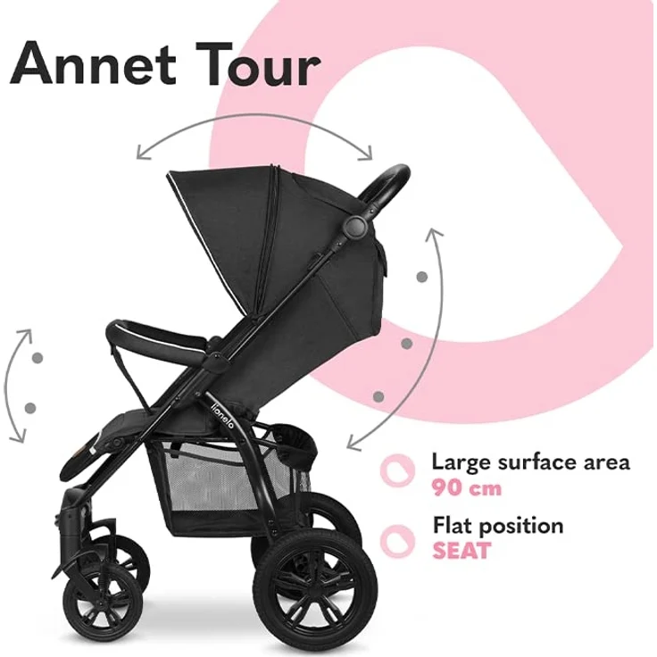 LIONELO Annet Tour Kinderwagen bis 22 kg, verstellbarer Griff, zusammenklappbar, verstellbare Rückenlehne bis zur Liegeposition, wartungsfreie Räder, XXL-Verdeck, 5-Punkt-Gurt, Einkaufskorb – Bild 3
