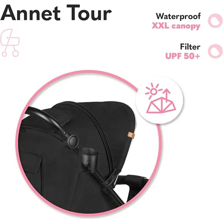 LIONELO Annet Tour Kinderwagen bis 22 kg, verstellbarer Griff, zusammenklappbar, verstellbare Rückenlehne bis zur Liegeposition, wartungsfreie Räder, XXL-Verdeck, 5-Punkt-Gurt, Einkaufskorb – Bild 4