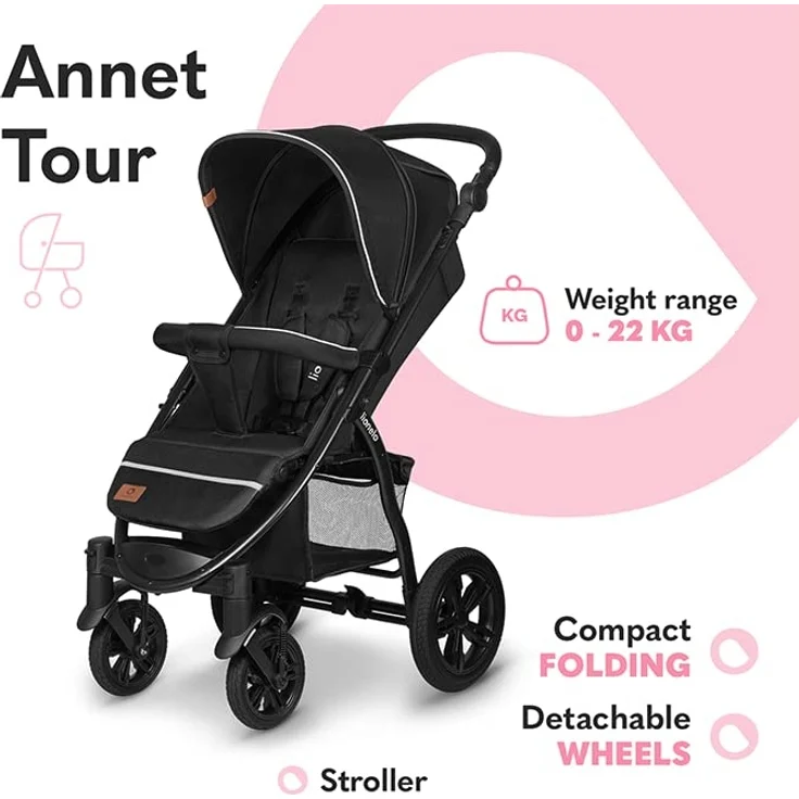 LIONELO Annet Tour Kinderwagen bis 22 kg, verstellbarer Griff, zusammenklappbar, verstellbare Rückenlehne bis zur Liegeposition, wartungsfreie Räder, XXL-Verdeck, 5-Punkt-Gurt, Einkaufskorb – Bild 2