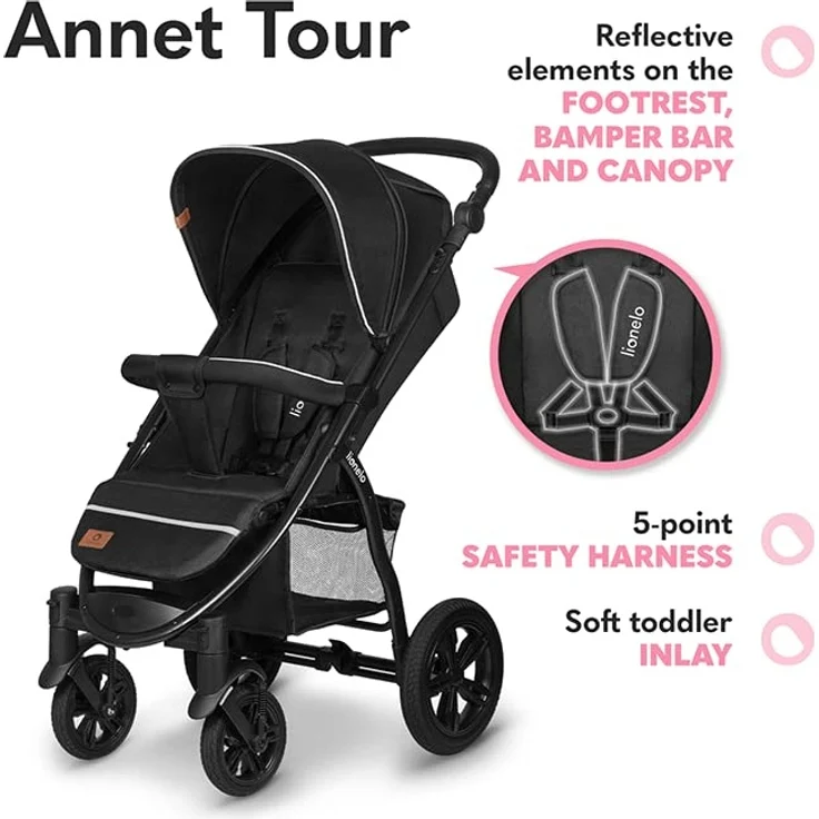 LIONELO Annet Tour Kinderwagen bis 22 kg, verstellbarer Griff, zusammenklappbar, verstellbare Rückenlehne bis zur Liegeposition, wartungsfreie Räder, XXL-Verdeck, 5-Punkt-Gurt, Einkaufskorb – Bild 5