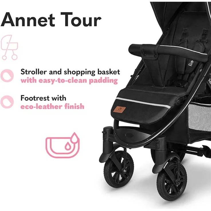 LIONELO Annet Tour Kinderwagen bis 22 kg, verstellbarer Griff, zusammenklappbar, verstellbare Rückenlehne bis zur Liegeposition, wartungsfreie Räder, XXL-Verdeck, 5-Punkt-Gurt, Einkaufskorb – Bild 7