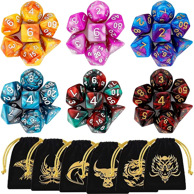 QMAY Polyedrische Würfel, 6 x 7 (42 Stück) Doppel-Farben Tisch Spiel Würfel für Dungeons and Dragons Pathfinder DND RPG MTG, 6 Set von d20, d12, 2 d10 (00-90 und 0-9), d8, d6 und d4