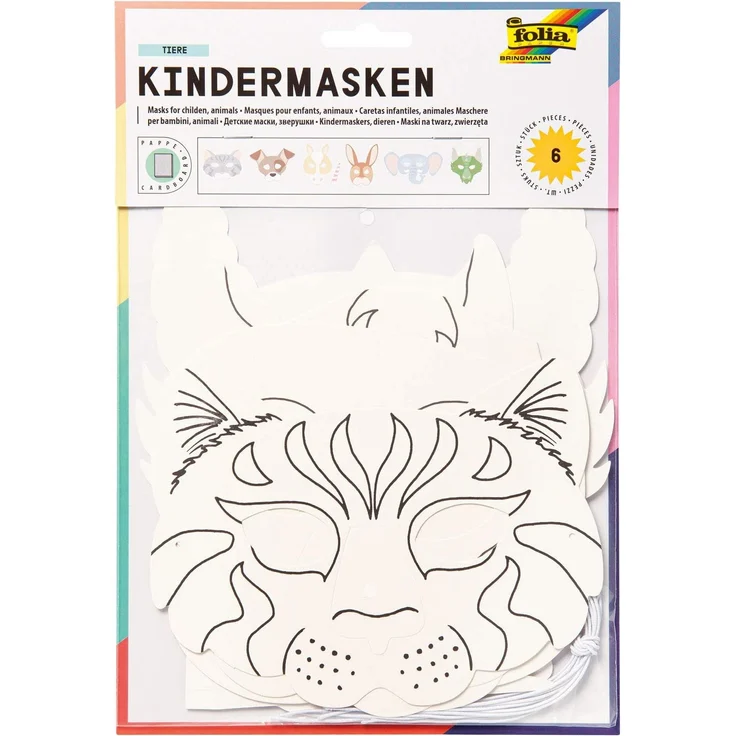 folia 23209 - Kindermasken Tiere aus Pappe, Motive sortiert, 6 Stück, weiß, zum selbst Bemalen und Gestalten, für Kinder, Jungen und Mädchen, ideal für Kindergeburtstage und Partys – Bild 2