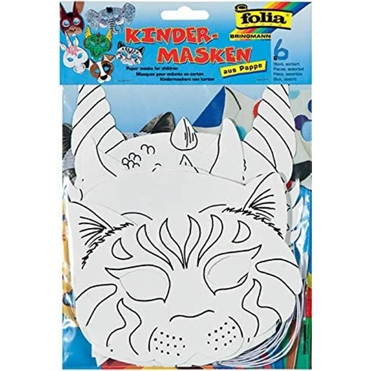 folia 23209 - Kindermasken Tiere aus Pappe, Motive sortiert, 6 Stück, weiß, zum selbst Bemalen und Gestalten, für Kinder, Jungen und Mädchen, ideal für Kindergeburtstage und Partys – Bild 3