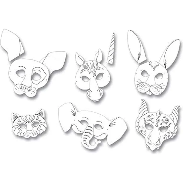 folia 23209 - Kindermasken Tiere aus Pappe, Motive sortiert, 6 Stück, weiß, zum selbst Bemalen und Gestalten, für Kinder, Jungen und Mädchen, ideal für Kindergeburtstage und Partys – Bild 5