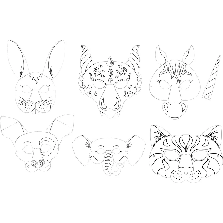 folia 23209 - Kindermasken Tiere aus Pappe, Motive sortiert, 6 Stück, weiß, zum selbst Bemalen und Gestalten, für Kinder, Jungen und Mädchen, ideal für Kindergeburtstage und Partys – Bild 4