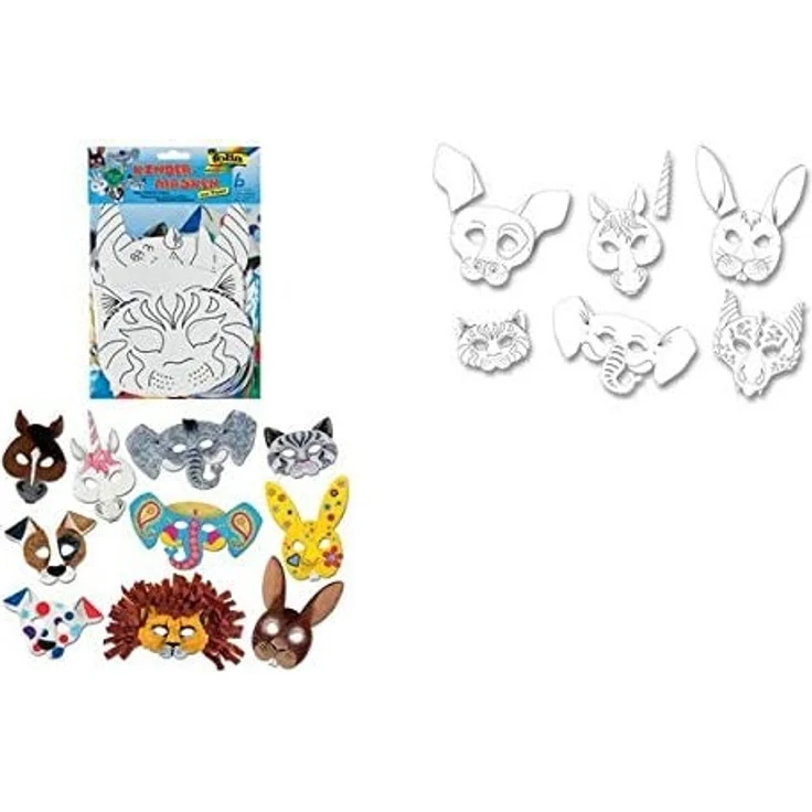 folia 23209 - Kindermasken Tiere aus Pappe, Motive sortiert, 6 Stück, weiß, zum selbst Bemalen und Gestalten, für Kinder, Jungen und Mädchen, ideal für Kindergeburtstage und Partys – Bild 1