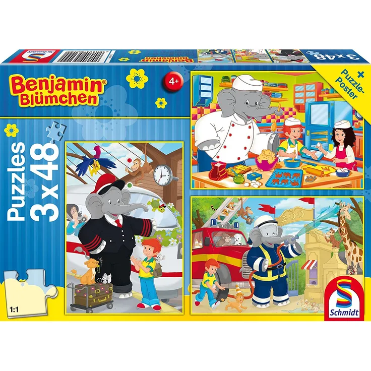 Schmidt Spiele Puzzle 56209 The Elephant Benjamin Blümchen, Immer im Einsatz, 3 x 48 Teile Kinderpuzzle, bunt