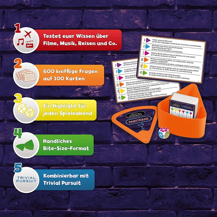 Winning Moves 11798 Trivial Pursuit Partyquiz: Wissensspiel mit 600 Fragen aus den Bereichen Reisen, Lifestyle, Kulinarisches, Filme und Serien, Wer Bin ich und Musik, Quizspiel – Bild 6