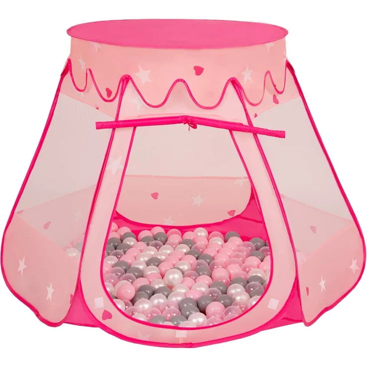 Selonis Baby Spielzelt Mit Plastikbällen Zelt 105X90cm/600 Bälle Plastikkugel Kinder, Pink:Perle-Grau-Transparent-Puderrosa