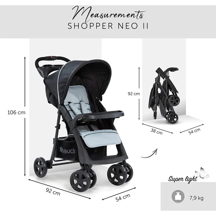 Hauck Shopper Neo II Buggy bis 25 kg mit Liegefunktion ab Geburt, klein zusammenfaltbar, Einhand-Faltmechanismus, leicht, 2 Getränkehalter, großer Korb, Caviar Silber/Grau – Bild 3