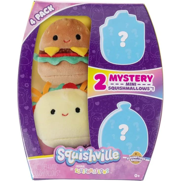 Squishville SQM0239 - 4er Pack Snack Squad, superweiche Mini-Squishmallows, 5 cm Plüschfiguren