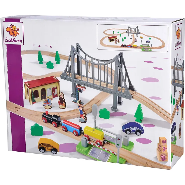 Eichhorn Bahn – Holzeisenbahn – Bahnset mit Brücke - 55 Teile