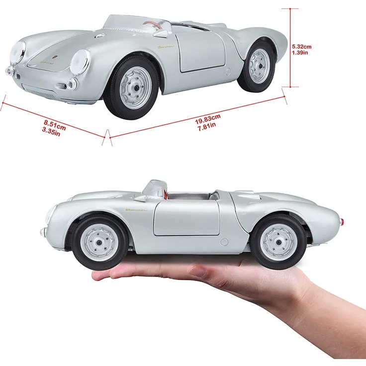 Maisto Porsche 550 A Spyder, Modellauto mit Federung, Maßstab 1:18, Türen und Motorhaube beweglich, Fertigmodell, lenkbar, 24 cm, silber (531843) – Bild 6
