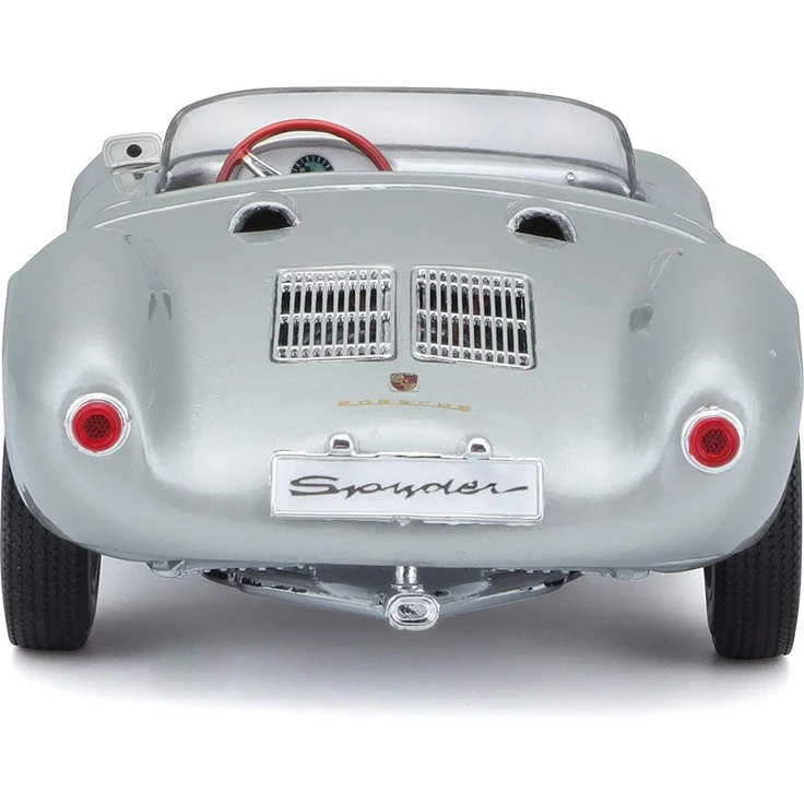 Maisto Porsche 550 A Spyder, Modellauto mit Federung, Maßstab 1:18, Türen und Motorhaube beweglich, Fertigmodell, lenkbar, 24 cm, silber (531843) – Bild 3