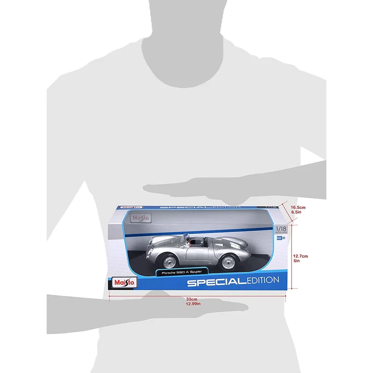 Maisto Porsche 550 A Spyder, Modellauto mit Federung, Maßstab 1:18, Türen und Motorhaube beweglich, Fertigmodell, lenkbar, 24 cm, silber (531843) – Bild 8