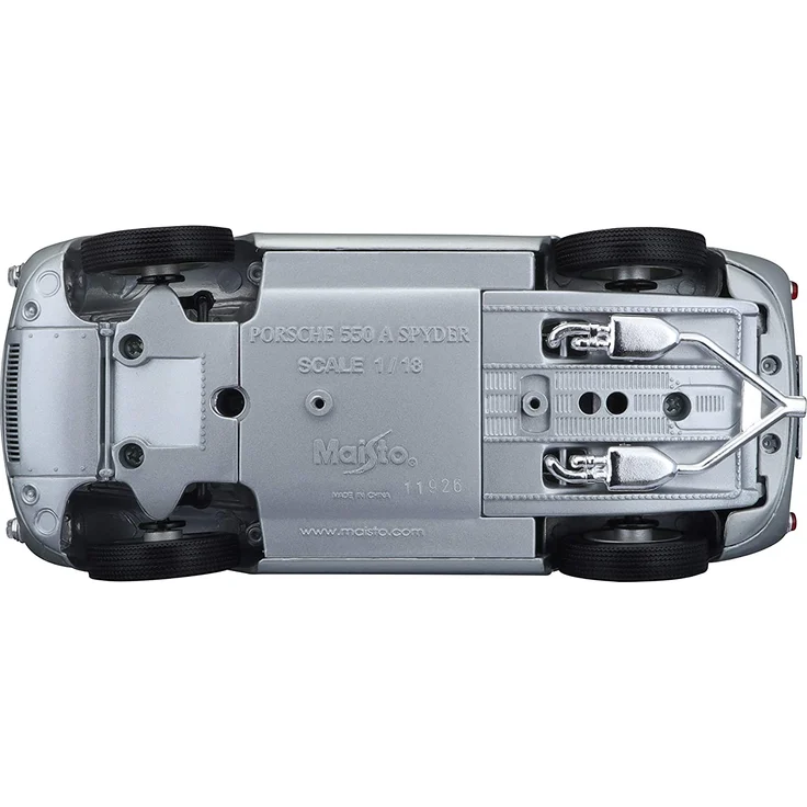 Maisto Porsche 550 A Spyder, Modellauto mit Federung, Maßstab 1:18, Türen und Motorhaube beweglich, Fertigmodell, lenkbar, 24 cm, silber (531843) – Bild 10