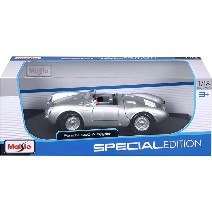 Maisto Porsche 550 A Spyder, Modellauto mit Federung, Maßstab 1:18, Türen und Motorhaube beweglich, Fertigmodell, lenkbar, 24 cm, silber (531843) – Bild 7