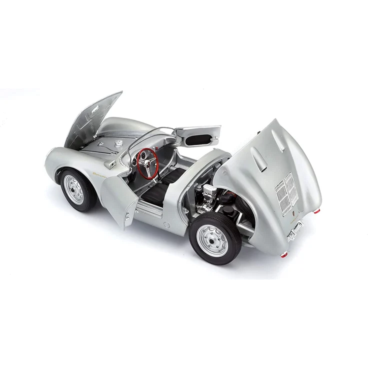 Maisto Porsche 550 A Spyder, Modellauto mit Federung, Maßstab 1:18, Türen und Motorhaube beweglich, Fertigmodell, lenkbar, 24 cm, silber (531843) – Bild 5