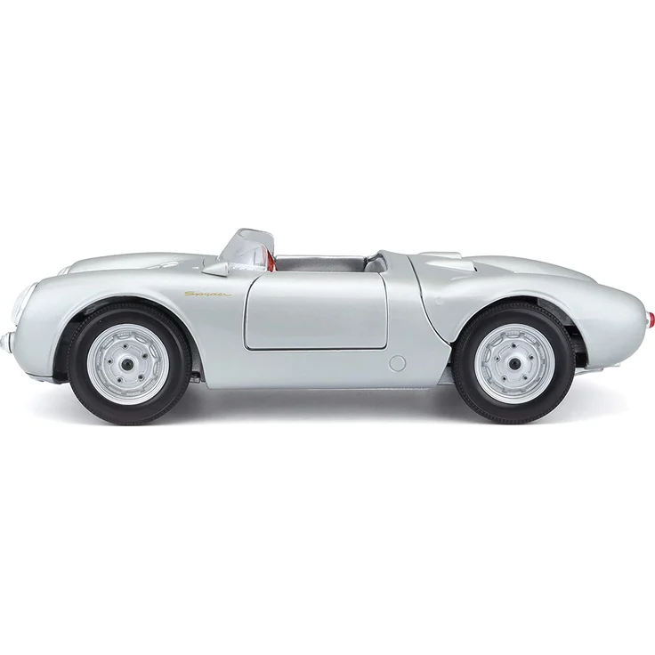 Maisto Porsche 550 A Spyder, Modellauto mit Federung, Maßstab 1:18, Türen und Motorhaube beweglich, Fertigmodell, lenkbar, 24 cm, silber (531843) – Bild 11
