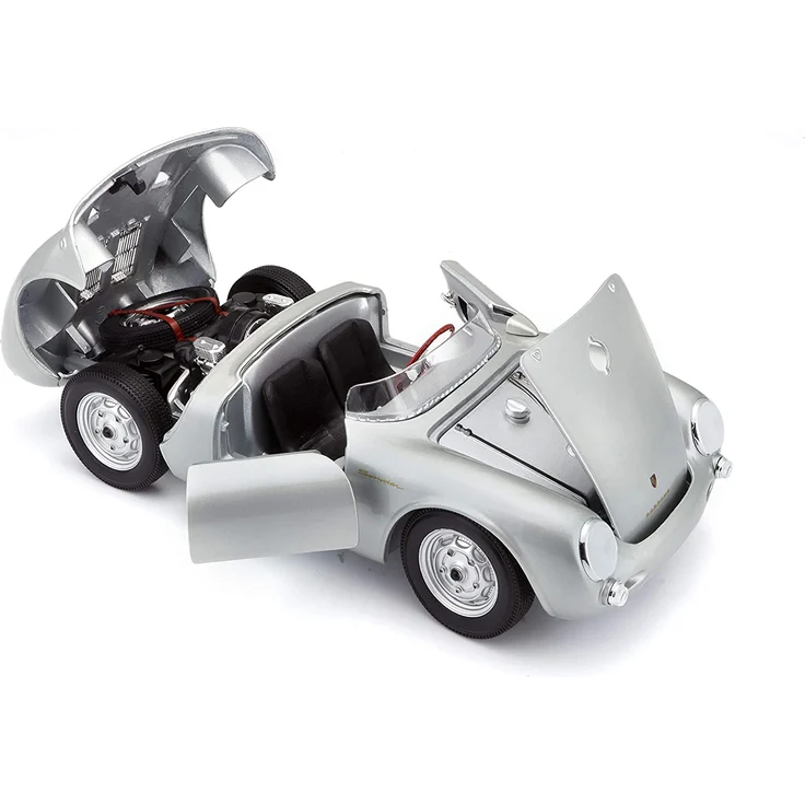 Maisto Porsche 550 A Spyder, Modellauto mit Federung, Maßstab 1:18, Türen und Motorhaube beweglich, Fertigmodell, lenkbar, 24 cm, silber (531843) – Bild 4