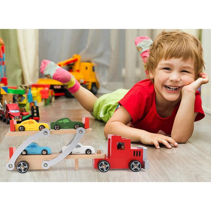 small foot Autotransporter/LKW aus Holz mit beweglicher Laderampe,Kinderspielzeug mit abnehmbarem Anhänger und 4 bunten Autos,ab 3 4222 – Bild 5