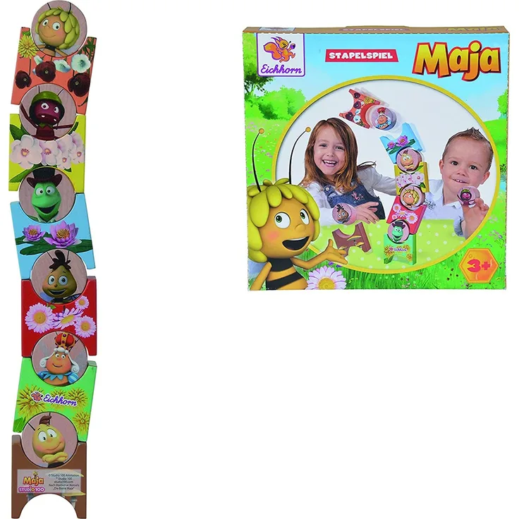 Eichhorn 109345405 - Biene Maja Stapeltiere, 12-tlg., mit den Bausteinen Türme bauen, Buchenholz, Ahornholz