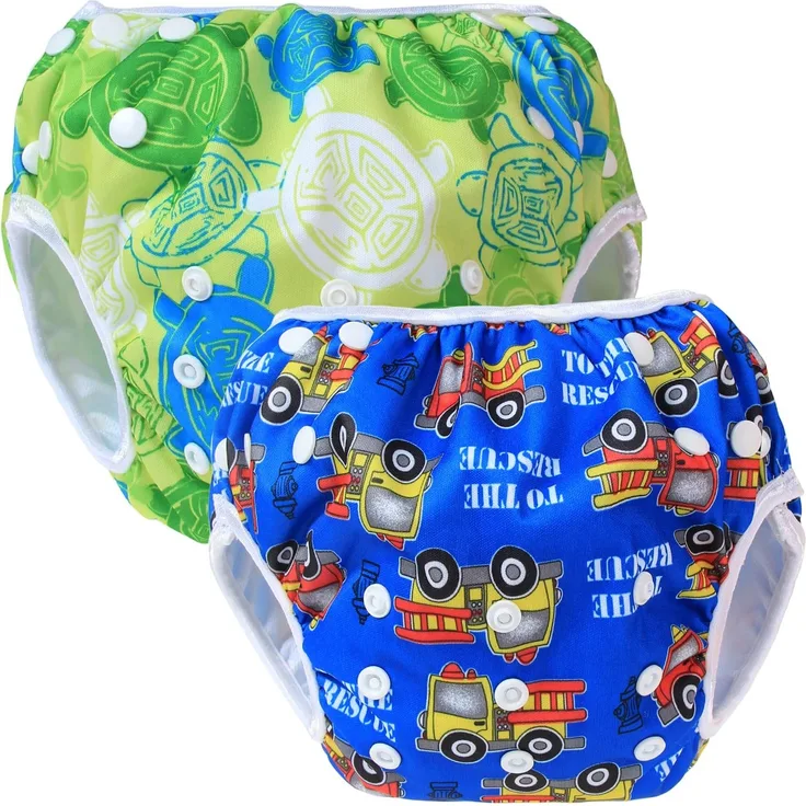 Teamoy 2-teilig Baby Schwimmhose, Bequem, waschbar und verstellbar, ideal für Schwimmen Lektionen oder Urlaub (Grüne Früchte+ Blaues Auto)