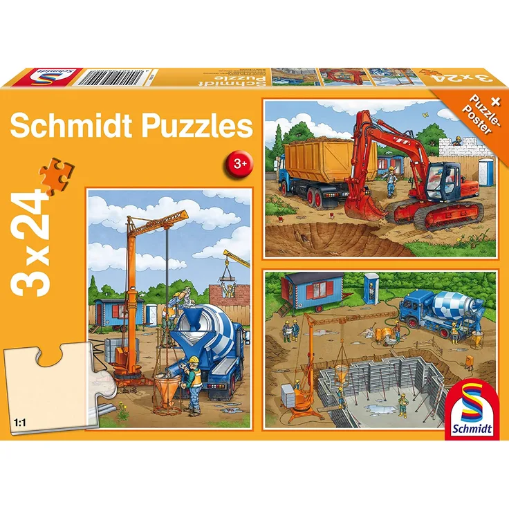 Schmidt Spiele Puzzle 56200, orange, Auf der Baustelle, 3x24 Teile