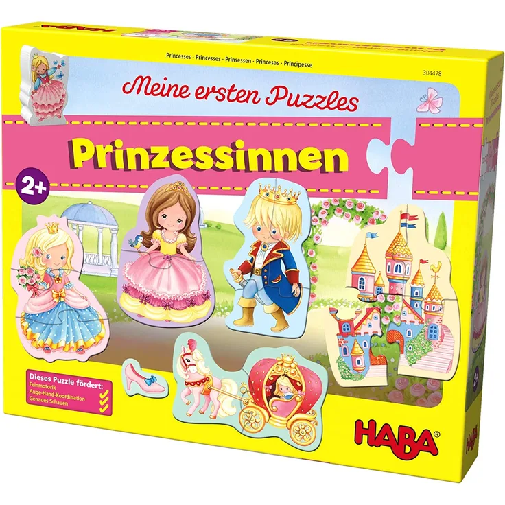 HABA 304478 - Meine ersten Puzzles – Prinzessinnen, Kinderpuzzle mit 5 Motiven ab 2 Jahren, mit beidseitig bedruckter Prinzessinnen-Holzfigur zum freien Spielen