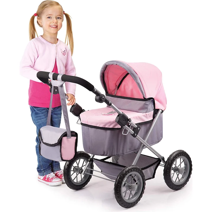 Bayer Design 1300800 Puppenwagen Trendy, höhenverstellbar, zusammenklappbar, mit Umhängetasche, grau/rosa – Bild 3