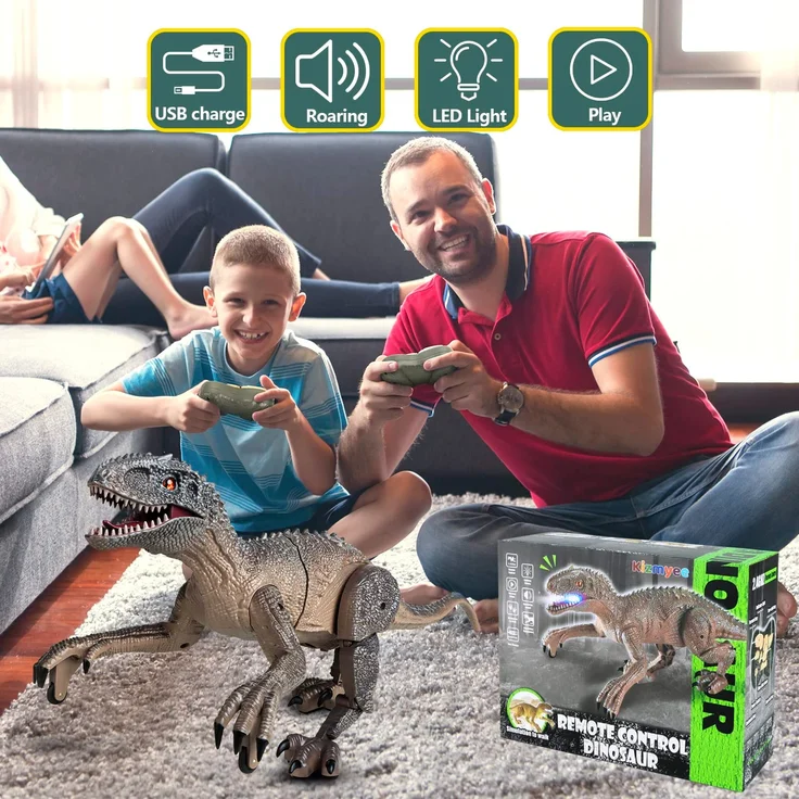 Kizmyee Dinosaurier Spielzeug，Dinosaurier Ferngesteuert für Kinder Realistisches Velociraptor mit Gehen，Brüllen，Leuchtenden Augen und Kopfschütteln Kleinkinder Jungen Mädchen Geschenkfür – Bild 6