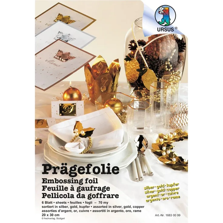 Ursus 16830099 Prägefolie, Metallic, 6 Blatt in 3 verschiedenen Farben, ca. 20 x 30 cm, 70 µ, beidseitig bedruckt, ideal zum Verzieren von Karten, Scrapbooking oder Geschenken