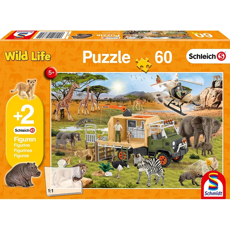 Schmidt Spiele 56384 Schleich, Abenteuerliche Tierrettung, 60 Teile Kinderpuzzle, mit Zwei Original Figuren