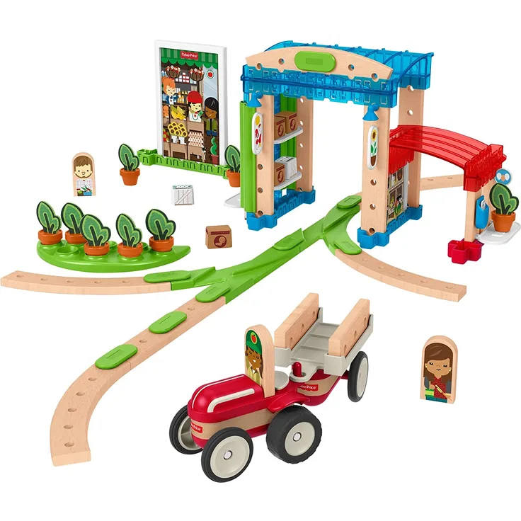 Fisher-Price FXG14 - Wunder Werker Holzspielzeug Kleine Stadt aus FSC zertifiziertem Holz mit Schienen, Figuren, Fahrzeuge und Zubehör (75 Teile), Kleinkind Spielzeug ab 3 Jahren