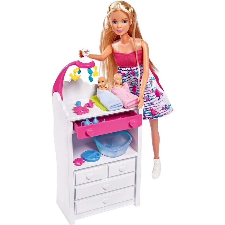 Simba 105733333 - Steffi Love Welcome Twins / schwangere Puppe / mit Zwillingen / mit Wickeltisch und Badewanne / Zubehör / Ankleidepuppe / 29cm, für Kinder ab 3 Jahren