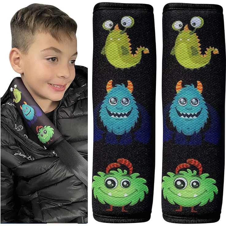 HECKBO 2x Auto Gurtschutz mit Monster Motiv - Sicherheitsgurt Schulterpolster Schulterkissen Gurtschoner Autositze Gurtpolster für Kinder, Jungen Mädchen - Schutz vor Einschneiden des Gurtes
