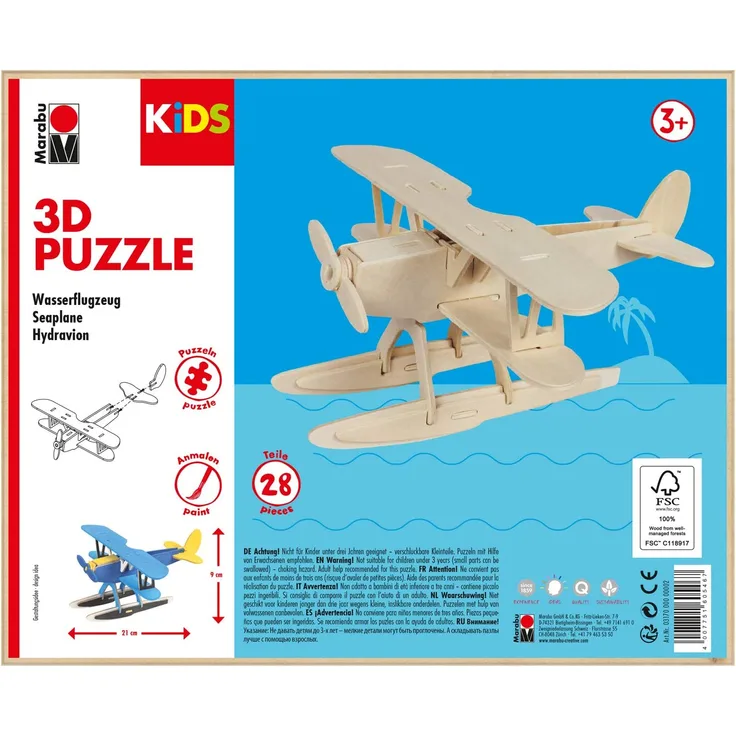 Marabu 317000000002 - KiDS 3D Holzpuzzle Wasserflugzeug, mit 28 Puzzleteilen aus FSC-zertifiziertem Holz, ca. 21 x 9 cm groß, einfache Stecktechnik, zum individuellen Bemalen und Gestalten