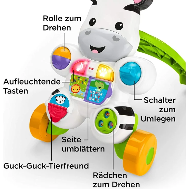 Fisher-Price HBW56 - Lern mit mir - Zebra Lauflernwagen, musikalisches Aktivitäts- und Gehspielzeug mit Lerninhalten, ab 6 Monaten (deutsche Version) – Bild 6