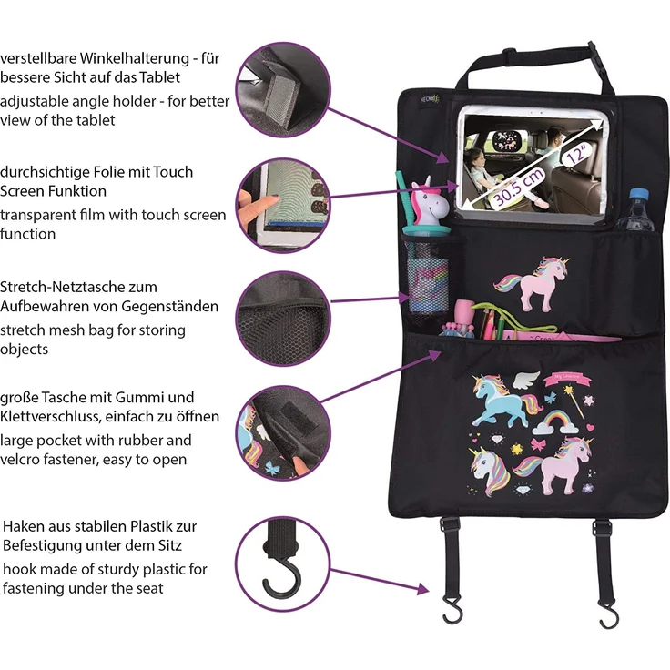 1x Kinder Autositz Rückenlehnenschutz Organizer mit verstellbarer Tablet Tasche, Aufbewahrung für Zubehör – Einhorn Motiv - universal - 70x45cm – inkl. Getränkehalter + Aufbewahrungsnetz - Preisvergleich – Bild 2