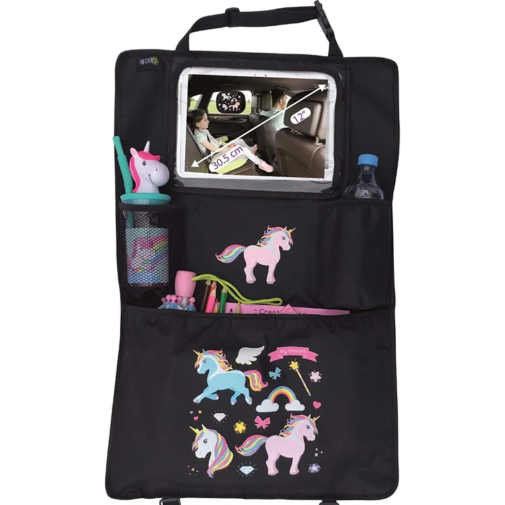 1x Kinder Autositz Rückenlehnenschutz Organizer mit verstellbarer Tablet Tasche, Aufbewahrung für Zubehör – Einhorn Motiv - universal - 70x45cm – inkl. Getränkehalter + Aufbewahrungsnetz - Preisvergleich – Bild 1
